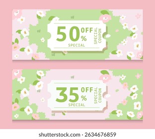 Spring sale horizontal banners surrounded by flowers. Gift tag for seasonal discount.Brightly colored flowers in a flat style. Vector illustration	