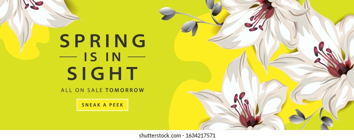 Spring sale horizontal web banner poster with lily bloom, yellow background, vector illustration.