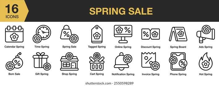 Spring Sale icon set. Includes calendar, time, online, discount, gift, bom, tagged, and More. Outline icons vector collection.