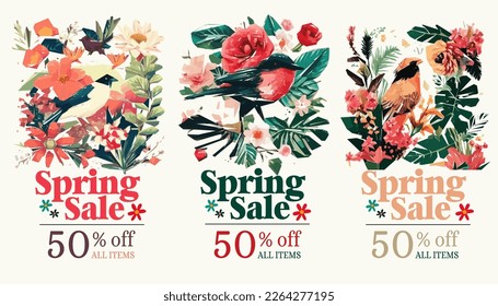 Spring sale illustration set with tropical flowers and birds. Vector illustration.