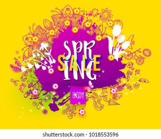 Spring Sale ink splash background with hand drawn doodles, flowers. For banners, posters, flyers, greeting cards, season discounts. Creative sketch with paper art cut out elements. Vector illustration