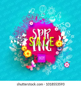 Spring Sale ink splash pink and blue bright background with hand drawn doodles, flowers. For banners, posters, flyers, greeting cards, discounts. Paper art cut out elements. Vector illustration