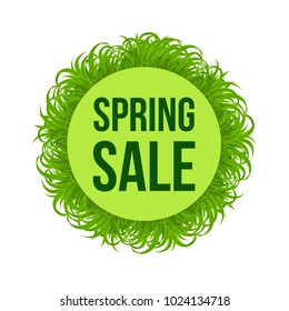 Spring Sale Inscription with Circle Frame Made of Grass. Illustration on White Background