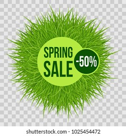 Spring Sale Inscription with Circle Frame Made of Grass. Illustration on Transparent Background
