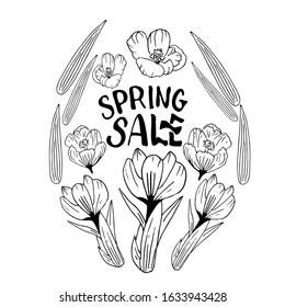 The spring sale. Inscription in an Easter egg decorated with crocuses. Vector illustration with black lines on a white background.  For design and banners