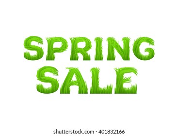 Spring sale inscription made of grass isolated on white.  Early spring green grass font. Spring outlet, clearance, seasonal sale concept.  Vector illustration. 