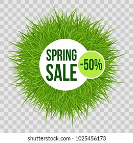 Spring Sale Inscription with White Circle Frame Made of Grass on Transparent Background