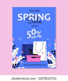 Spring sale invitation. Discounts and promotions, special limited offer. Shopping bags and boxes. Advertising and marketing, electronic commerce. Cartoon flat vector illustration