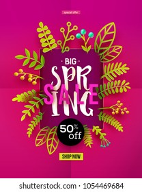 Spring sale invitation. Vertical green banner with green paper leaves cut out on purple background. Seasonal poster in trendy paper art style. Design template for print or web. Vector illustration