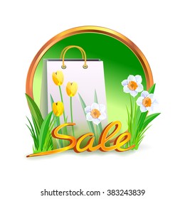 Spring sale label background with sale word, flower and green grass.