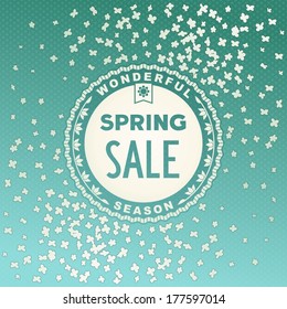 Spring SALE label design on beautiful flowers background. Vector eps10