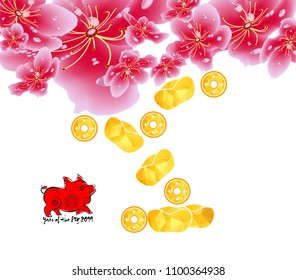 Spring sale label design with sakura flowers. Cherry blossoms and gold, chinese new year