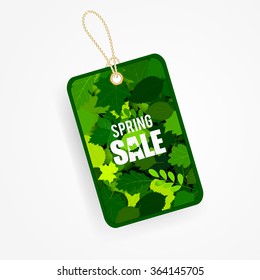 Spring sale label with green leaves. Vector illustration.