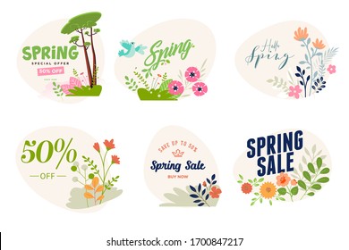 Spring sale labels collection. Vector illustrations of beauty, fashion, cosmetics, for graphic and web design, marketing material, product promotion, social media and online shopping.