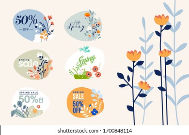 Spring sale labels collection. Vector illustrations of beauty, fashion, cosmetics, for graphic and web design, marketing material, product promotion, social media and online shopping.