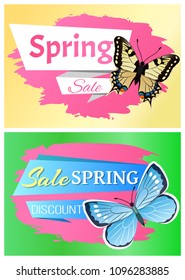 Spring sale labels set butterfly with ornaments on wings and antenna promo vector illustration of springtime stickers realistic insects on color backdrops
