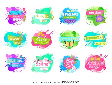 Spring sale labels set isolated price tags with info about discounts. Vector advertisement emblems, best offers with springtime flower bouquets 15, 30, 50, 70 off