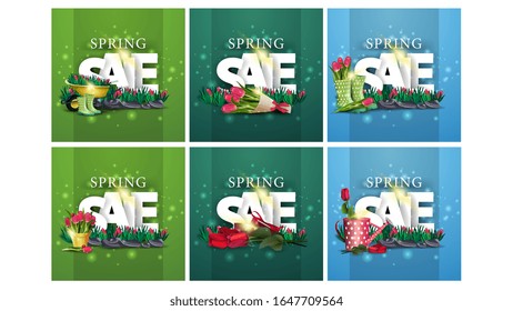 Venta primaveral, gran juego de banners de descuento cuadrado primaveral con letras grandes tridimensionales, un lecho de tulipanes e iconos de resorte