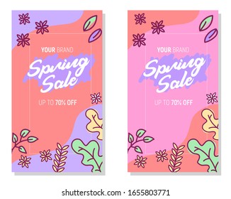 spring sale with leaf, flowers and colorful background. vector design for your greeting card, flyers, web banner, invitation, poster, brochure, calendar, pring sale. fit on social media marketing.