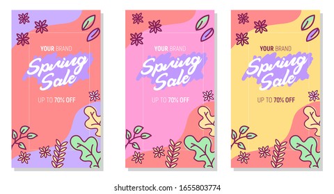 spring sale with leaf, flowers and colorful background. vector design for your greeting card, flyers, web banner, invitation, poster, brochure, calendar, pring sale. fit on social media marketing.