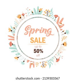 Spring sale, lettering. Banner, summer flowers and plants, leaves. Flower illustration. Red and green flowers, green leaves, red inscription. Up to 50 off.