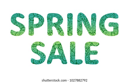 Spring sale lettering. Green letters with floral ornament inside, isolated on white background