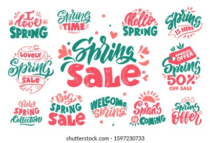 Spring sale lettering hand drawn vector logos set. Seasonal sellout promo retro style stickers pack. Special price offer labels. New clothes collection ads. Welcome spring postcard design elements