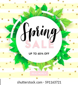 Spring sale lettering with hand drawn letters. Label and banner template with bright fresh green leaves with frame, vector illustration. Bright colorful backgroundwith gold confetti.