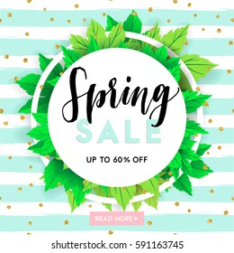 Spring sale lettering with hand drawn letters. Label and banner template with bright fresh green leaves with frame, vector illustration. Bright colorful backgroundwith gold confetti.