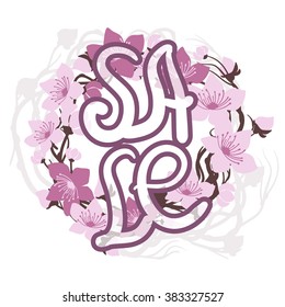 Spring sale. Letters with a thick outline written by hand. Word on the wreath of twigs and pink flowers. Blossoming branches of a tree. Vector illustration.