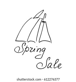 Spring sale logo - inscription with packages.  Hand drawn sketch vector illustration on white background. Black & white.