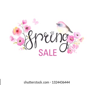 Spring sale logotype with beautiful branches, flowers, lettering, cute bird and flying butterfly. Greeting, invitation or template on white background. Vector illustration in watercolor vintage style.