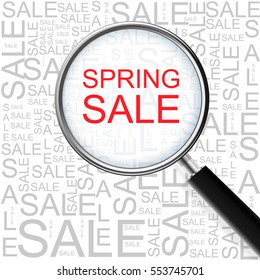 Spring Sale. Magnifying glass over seamless background with different association terms. Business Concept.