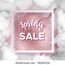 Spring sale marble rose background in trendy minimalist geometric style with stone, frame, foil, glitter, metallic textures, template for poster, invitation, wallpaper