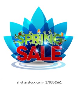 Spring sale message on a blue flower, isolated on a white background.