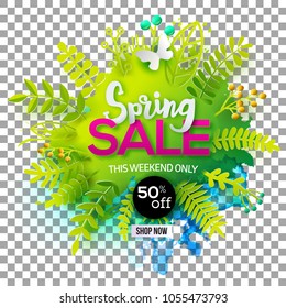 Spring sale message on green leaves and watercolor blot and isolated transparent background. Paper art cut out elements and hand drawn details. Vector illustration. Seasonal discount banner.