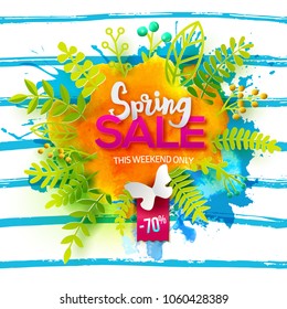 Spring sale message on green leaves and orange watercolor blot on linear background. Paper art cut out elements and hand drawn details. Vector illustration. Seasonal discount banner.