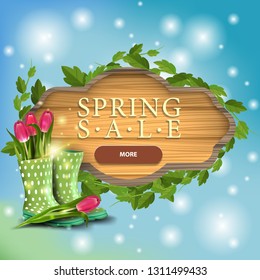 Spring sale modern banner in form of wooden board with tulips in women's rubber boots
