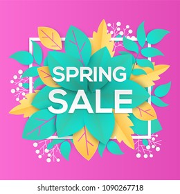 Spring sale - modern vector colorful illustration on pink background. High quality composition with lovely paper cut leaves and currant berries. Perfect as a card, banner. Seasonal discount theme