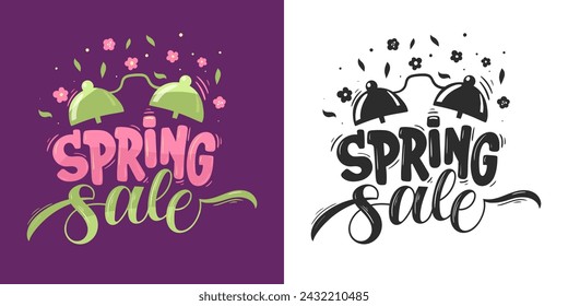 Spring Sale. The name of the sales season with a ringing alarm clock and flying flowers. Template for flyers, banners, posters, and social media post. Vector file.