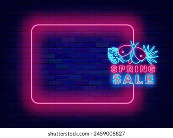 Spring sale neon announcement. Season shopping promotion. Shiny banner. Empty pink frame and typography with butterfly and foliage. May retail. Special offer. Editable stroke. Vector illustration