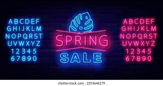 Spring sale neon label. Monstera tropical leaf. Season special offer. Luminous blue and pink alphabet. Shopping advertising. Shiny greeting card. Glowing banner. Vector stock illustration