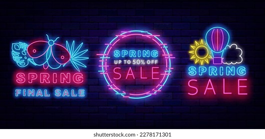 Spring sale neon labels collection. Tropical leaves and butterfly. Cyber circle frame. Season marketing. Shopping and party. Shiny greeting cards. Hot air balloon. Glowing posters. Vector illustration