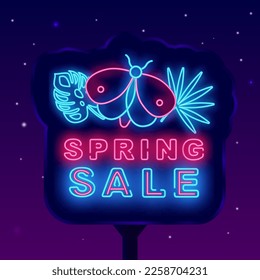 Spring sale neon street billboard. Tropical leaves and butterfly. Season special offer. Shopping advertising. Shiny greeting card. Glowing banner. Vector stock illustration