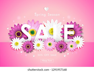 Spring Sale Off Background with Colorful Daisy Flower Blossom Design Vector