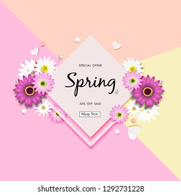 Spring Sale Off Background with Colorful Daisy Flower Blossom Design Vector