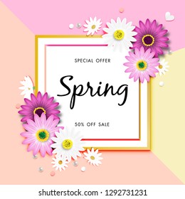 Spring Sale Off Background with Colorful Daisy Flower Blossom Design Vector