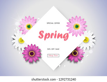 Spring Sale Off Background with Colorful Daisy Flower Blossom Design Vector
