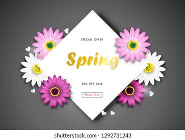 Spring Sale Off Background with Colorful Daisy Flower Blossom Design Vector