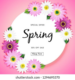 Spring Sale Off Background with Colorful Daisy Flower Blossom Design Vector